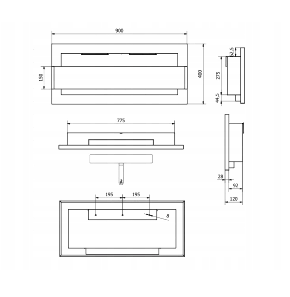 Wymiary biokominka S-Line 120x40