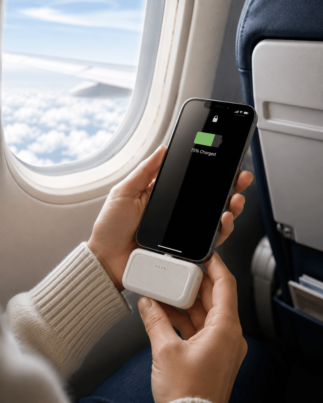 Telefon ładowany mini powerbankiem podczas lotu samolotem
