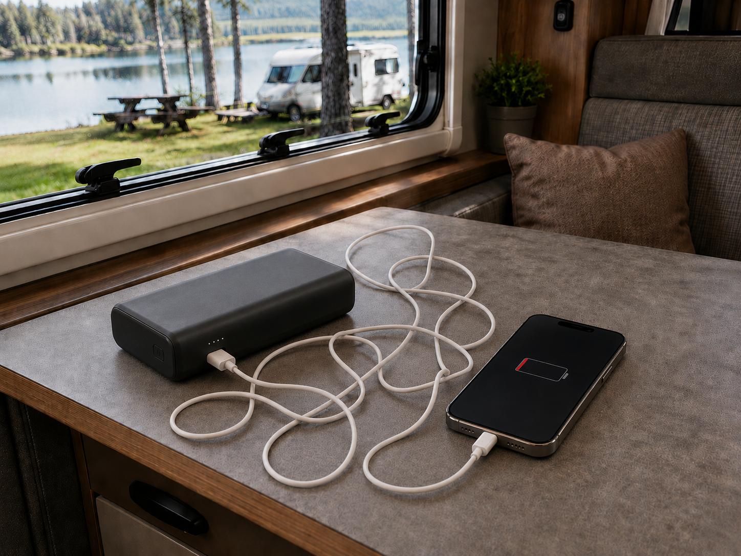 Duży powerbank z długim plączącym się kablem
