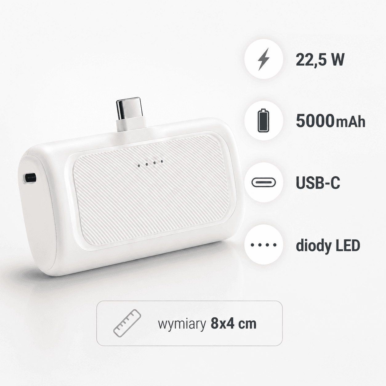 Parametry mini powerbanka: 5000 mAh, 22,5 W, USB-C i diody LED
